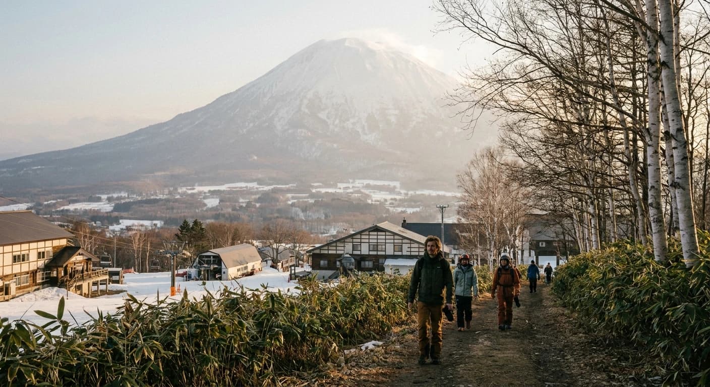 Panoramic view of Niseko ski slopes with Mt. Yotei volcano in background at sunrise