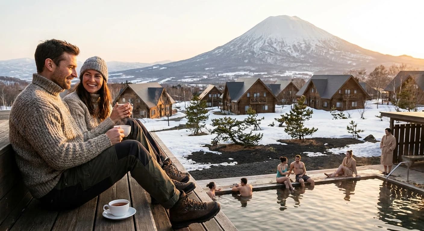 Luxury ski chalet interior in Niseko with panoramic mountain views and private onsen