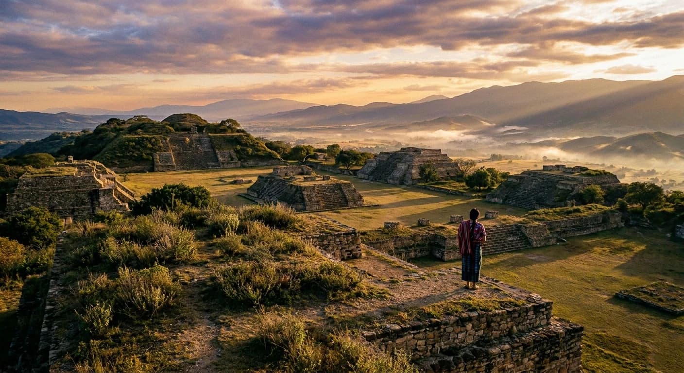 Monte Albán Zapotec ruins overlooking the Oaxaca Valley at sunrise