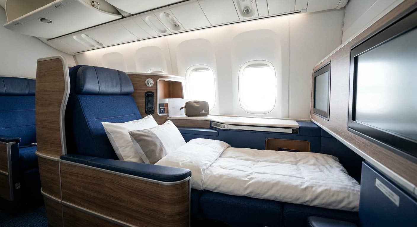 United Polaris business class lie-flat seat with premium bedding and amenity kit