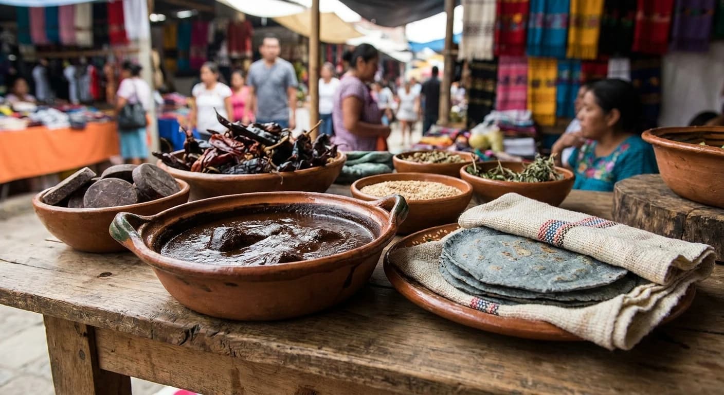 Traditional Oaxacan mole negro served with handmade tortillas and local ingredients