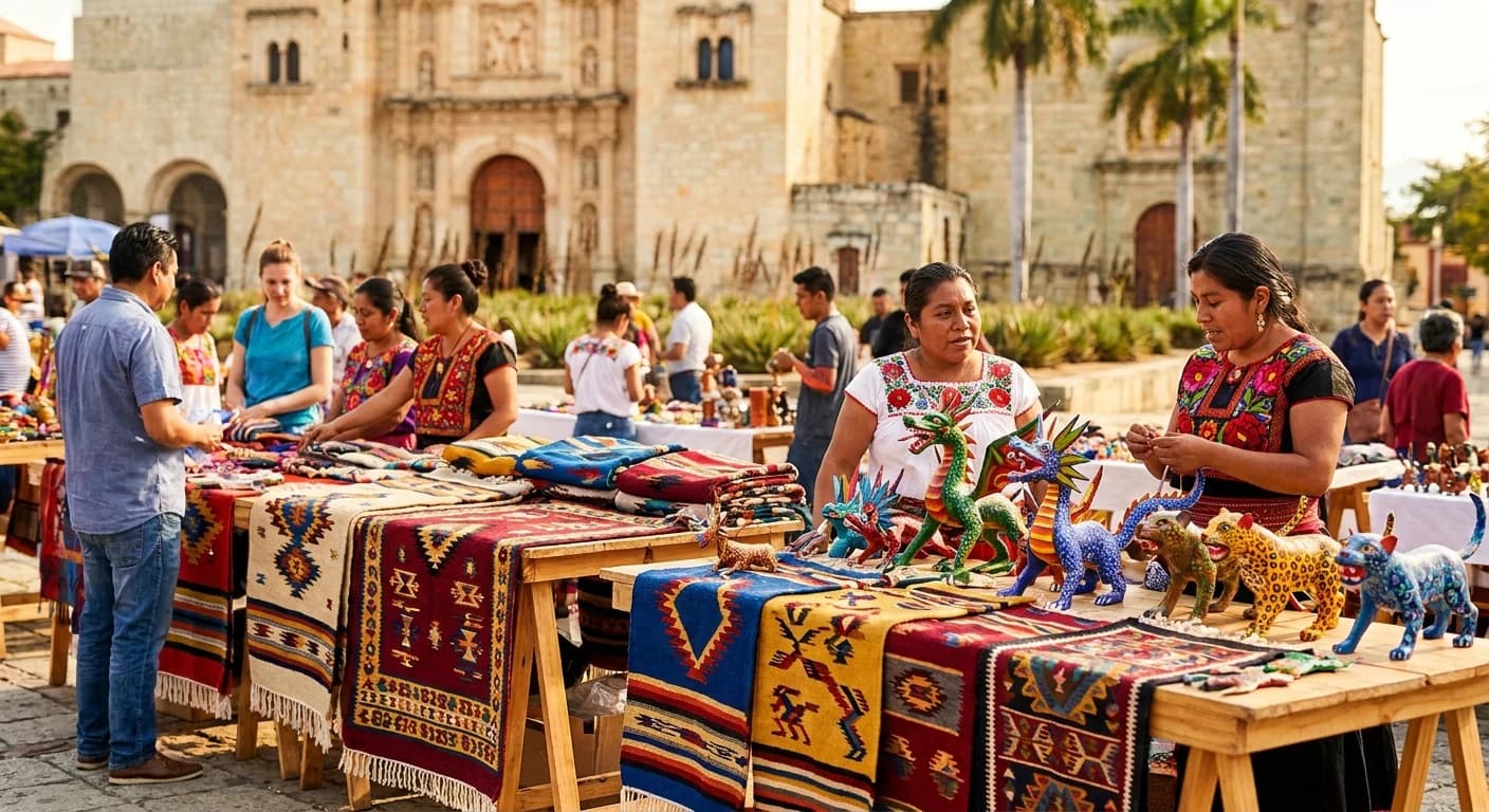 Colorful artisan market with handwoven Zapotec textiles and alebrijes in Oaxaca