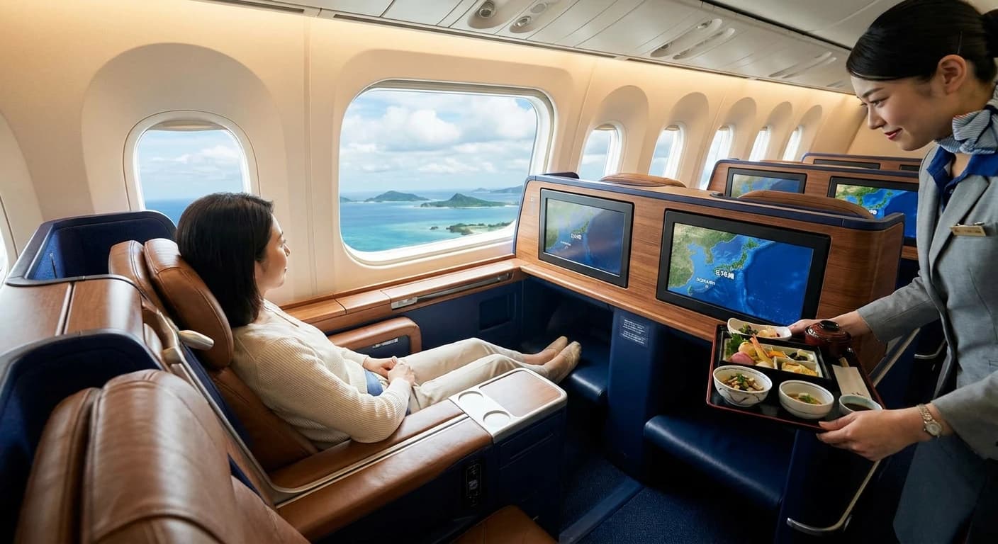 Business class cabin on premium carrier to Okinawa