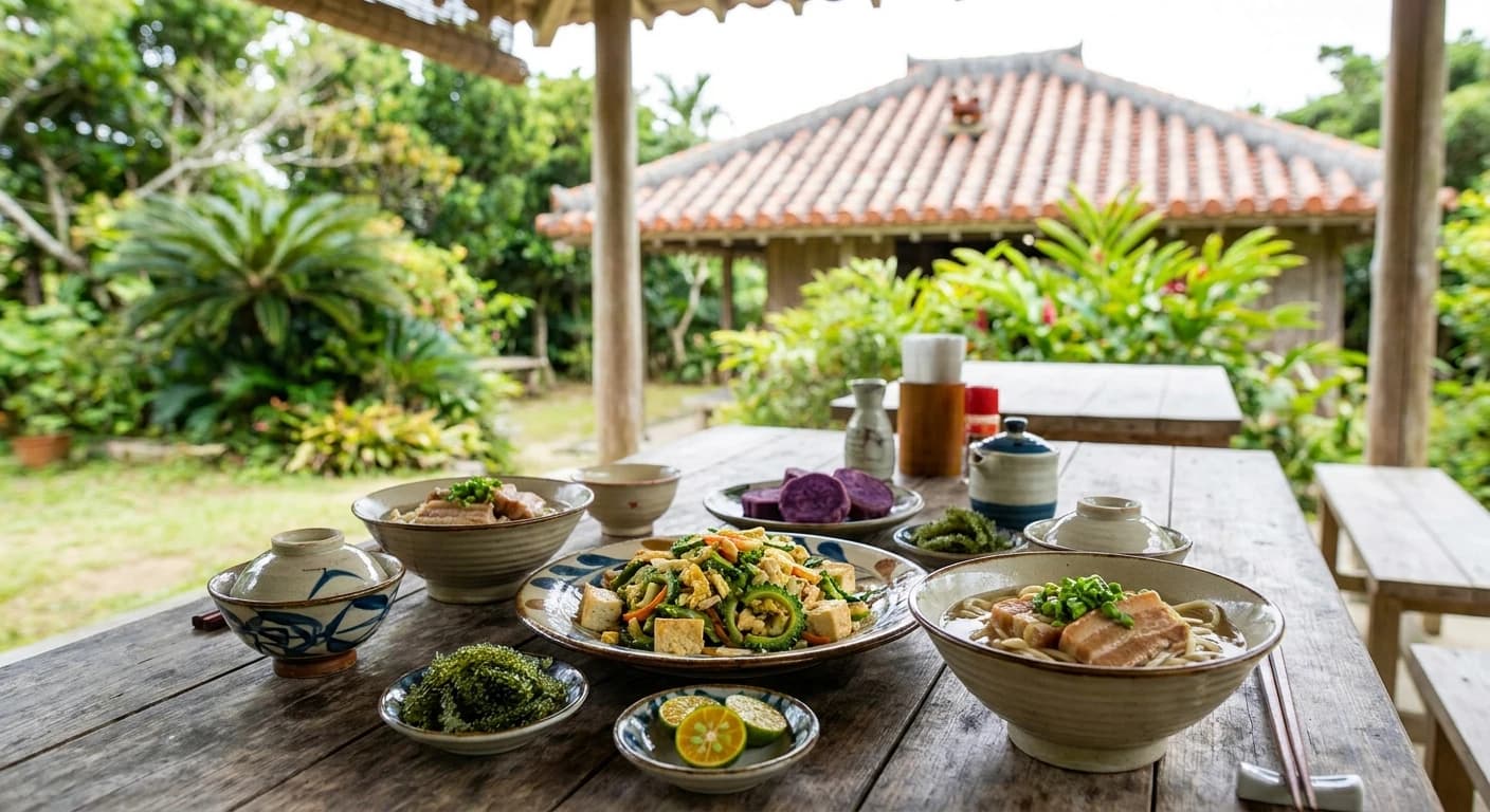 Traditional Okinawan cuisine with colorful local dishes
