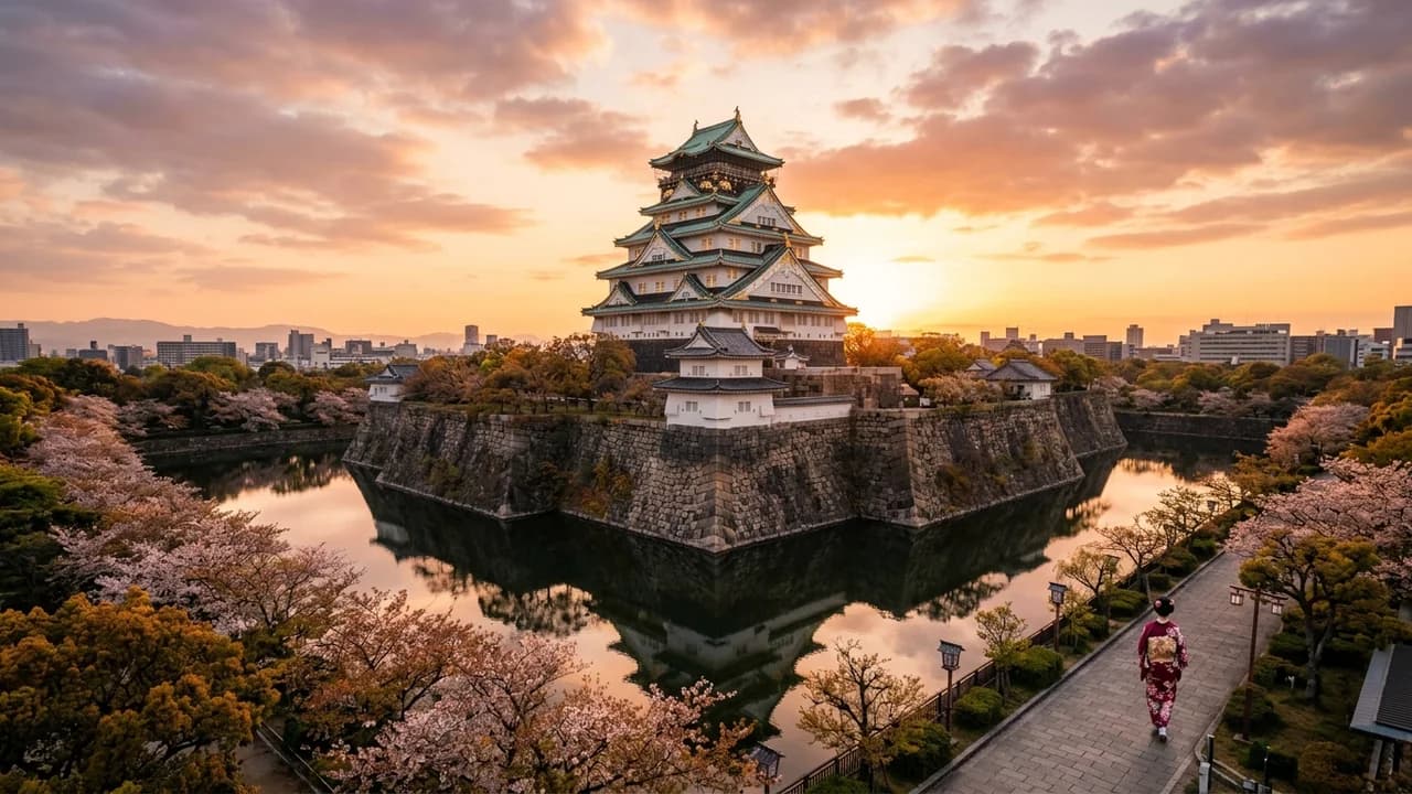 Iconic landmark in Osaka, Japan at golden hour