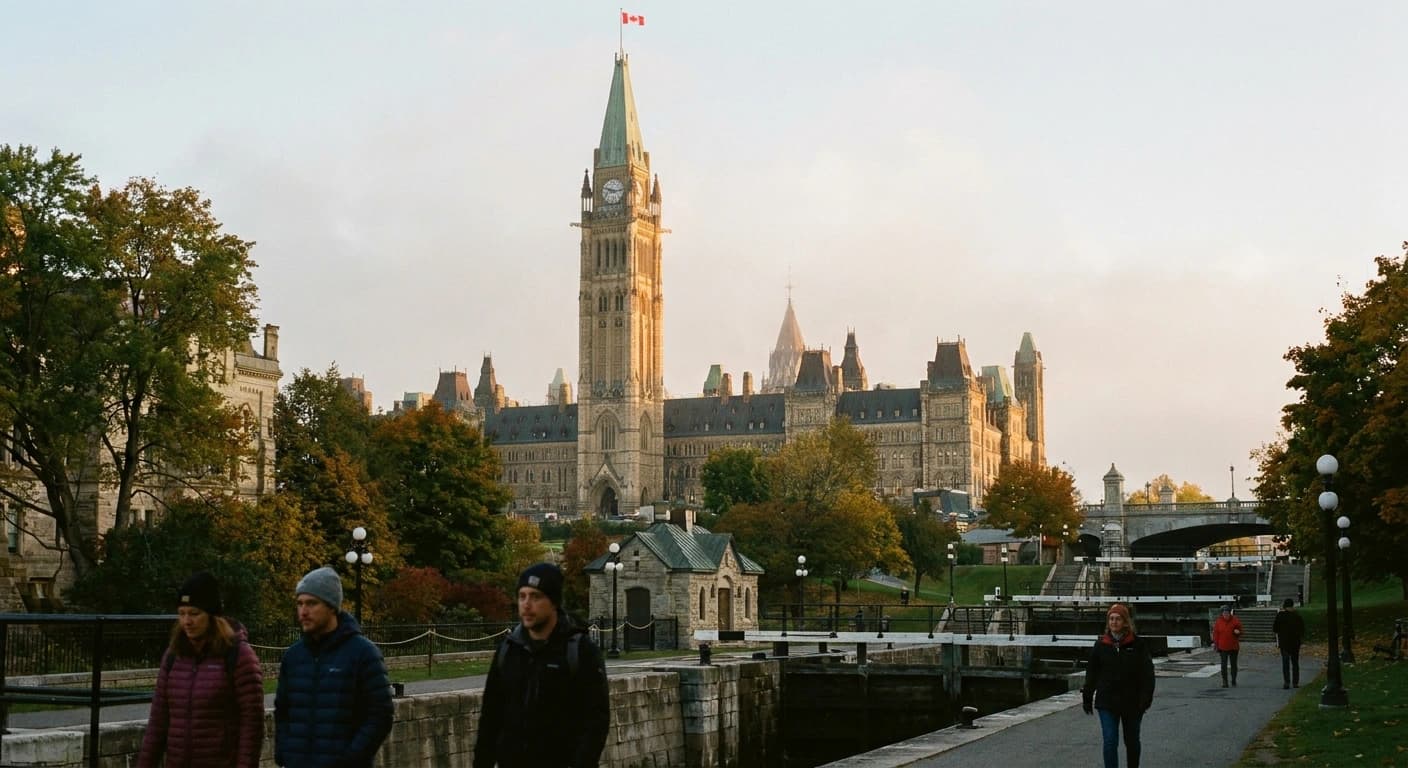Parliament Hill Ottawa at golden hour with Peace Tower and Rideau Canal