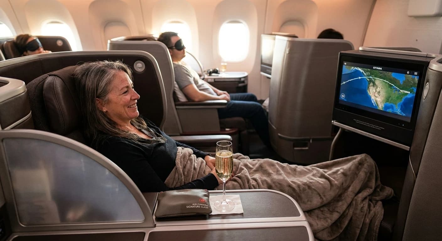 Air Canada business class cabin with lie-flat seats and premium Canadian amenities