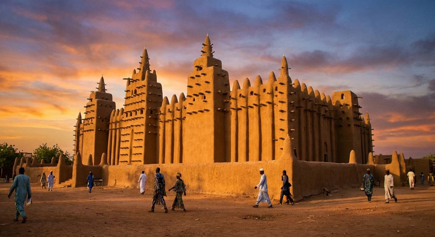Grand Mosque of Ouagadougou with its distinctive Sudano-Sahelian architecture at sunset