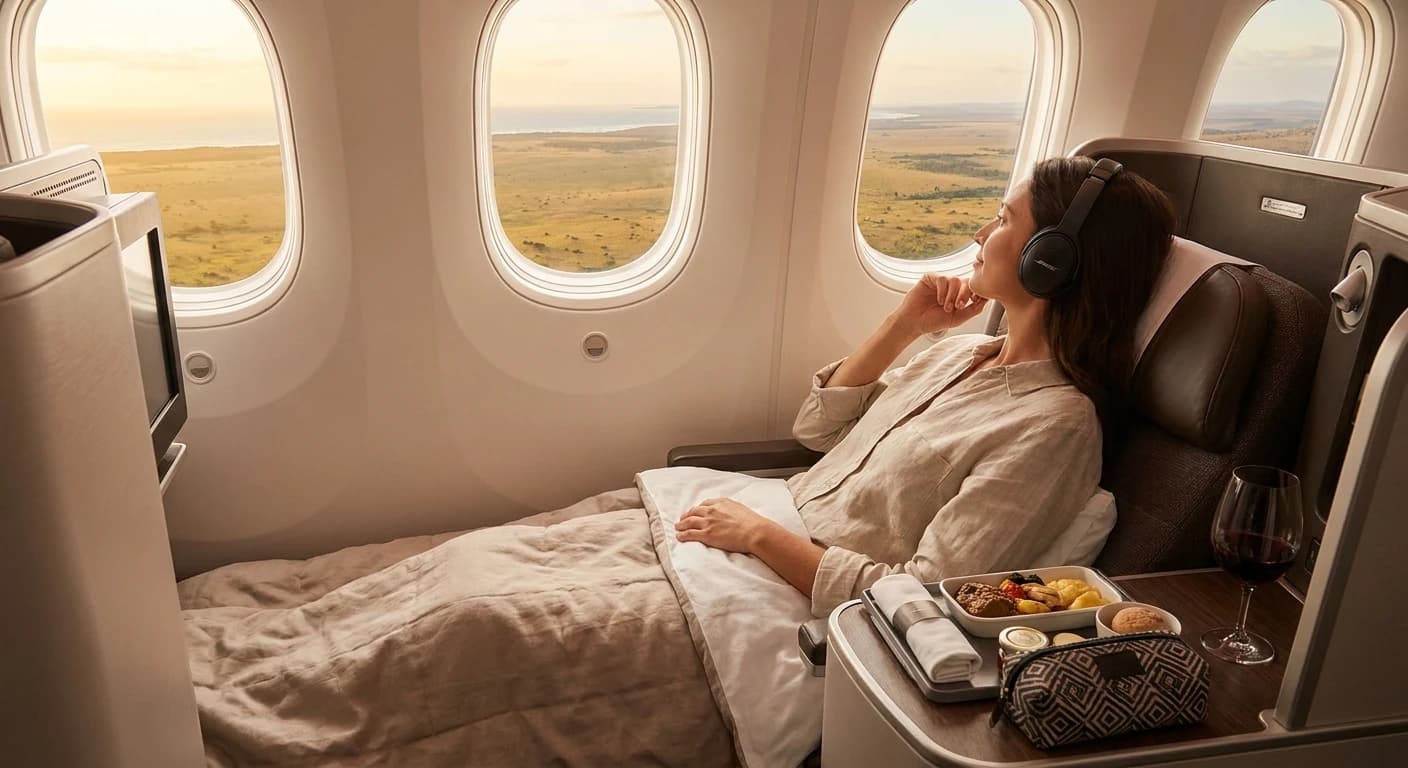 Business class lie-flat seat with premium amenities on a long-haul flight to West Africa