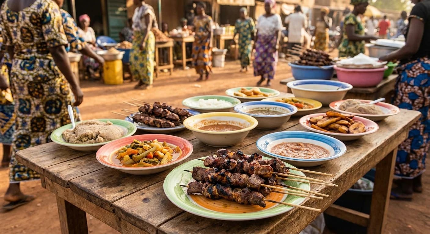 Traditional Burkinabè cuisine with grilled brochettes and local accompaniments in Ouagadougou