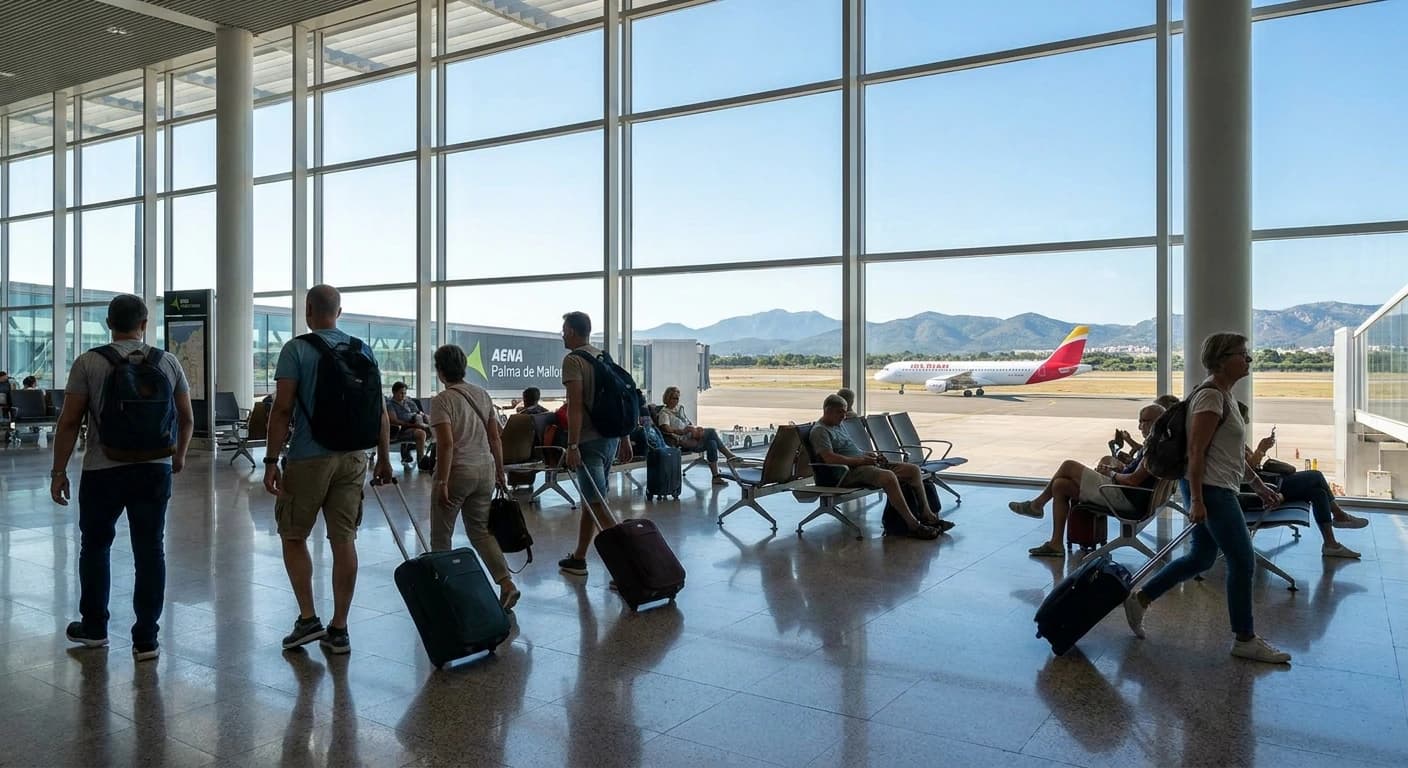 Modern terminal interior at Palma de Mallorca Airport with Mediterranean light