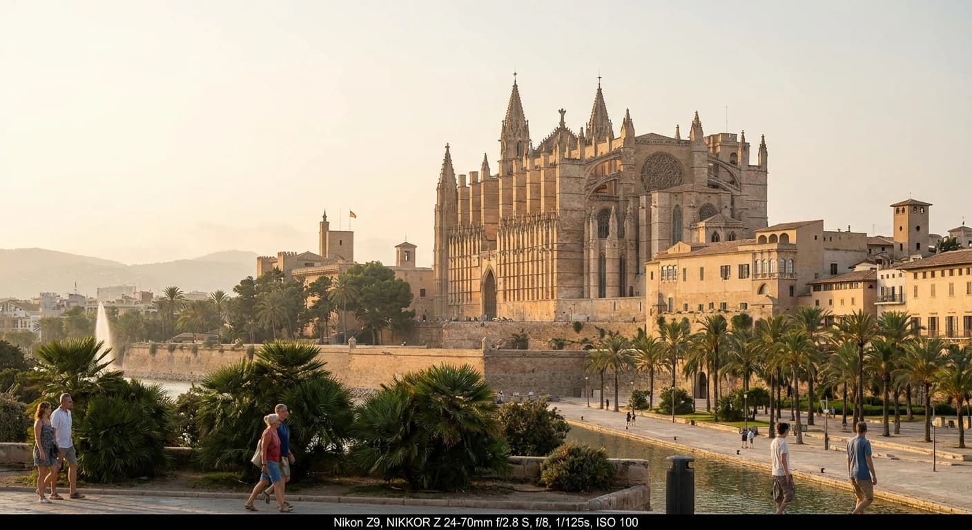 La Seu Gothic Cathedral rising above Palma de Mallorca's waterfront at golden hour