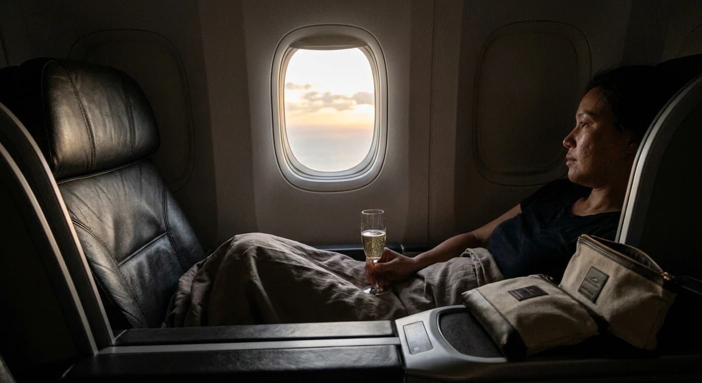 Iberia business class lie-flat cabin with premium amenities on transatlantic flight