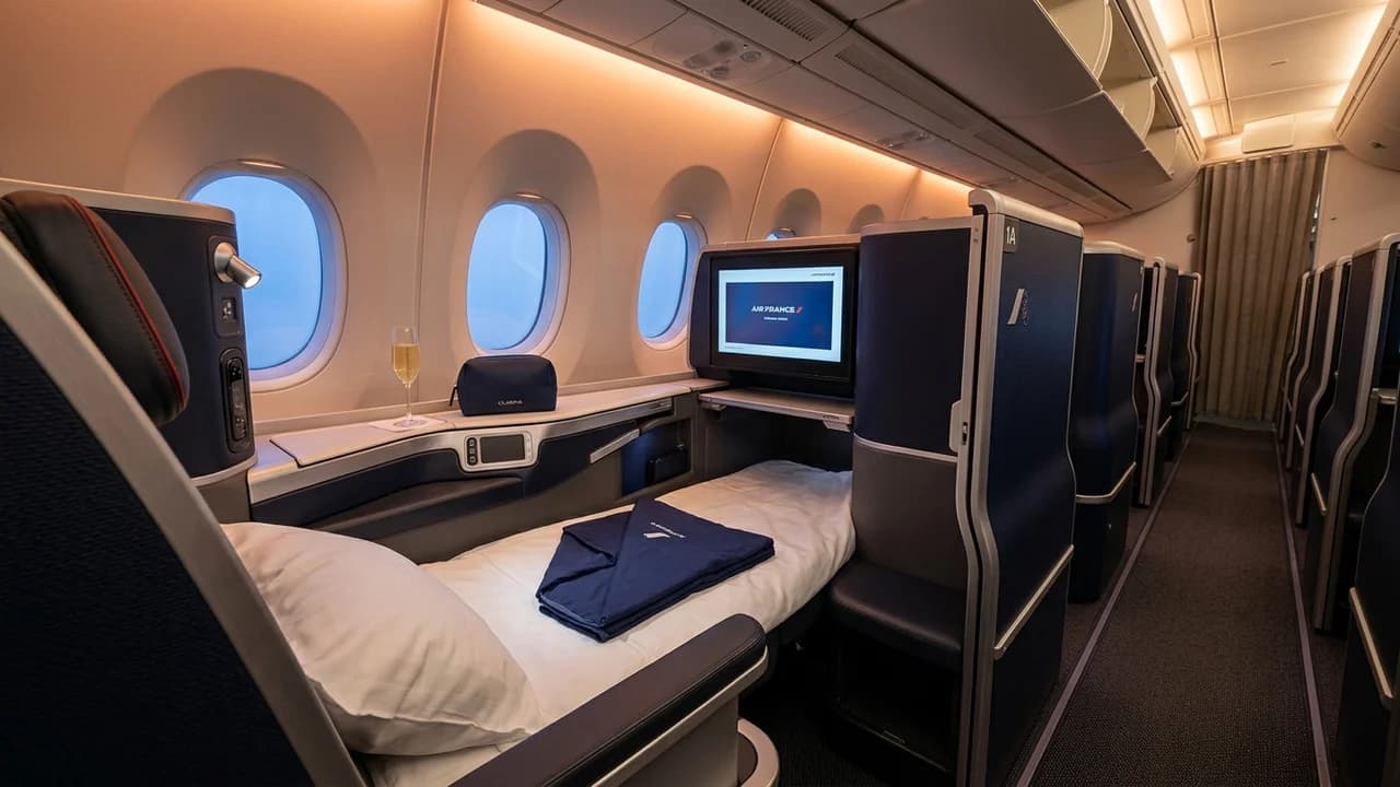 Air France A350 business class suite in bed mode with champagne and warm ambient lighting