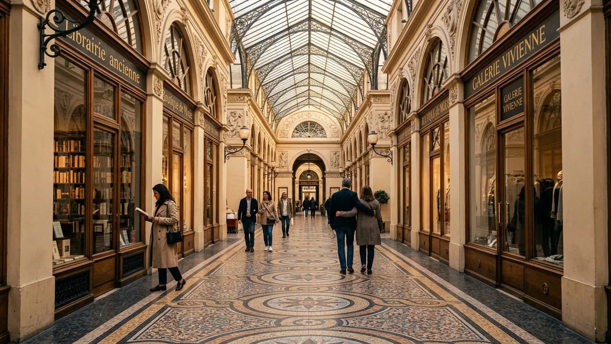 The glass-roofed Galerie Vivienne passage in Paris with mosaic floors and boutique storefronts