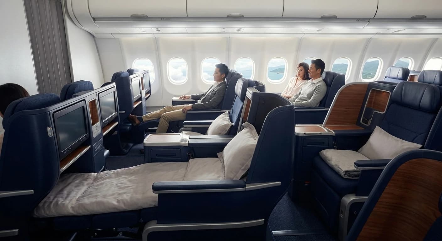 Malaysia Airlines business class cabin with lie-flat seats