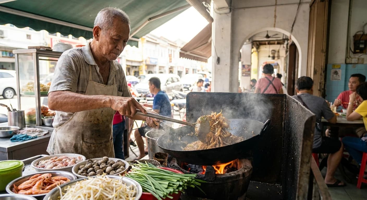 Penang char kway teow being prepared on a charcoal stove