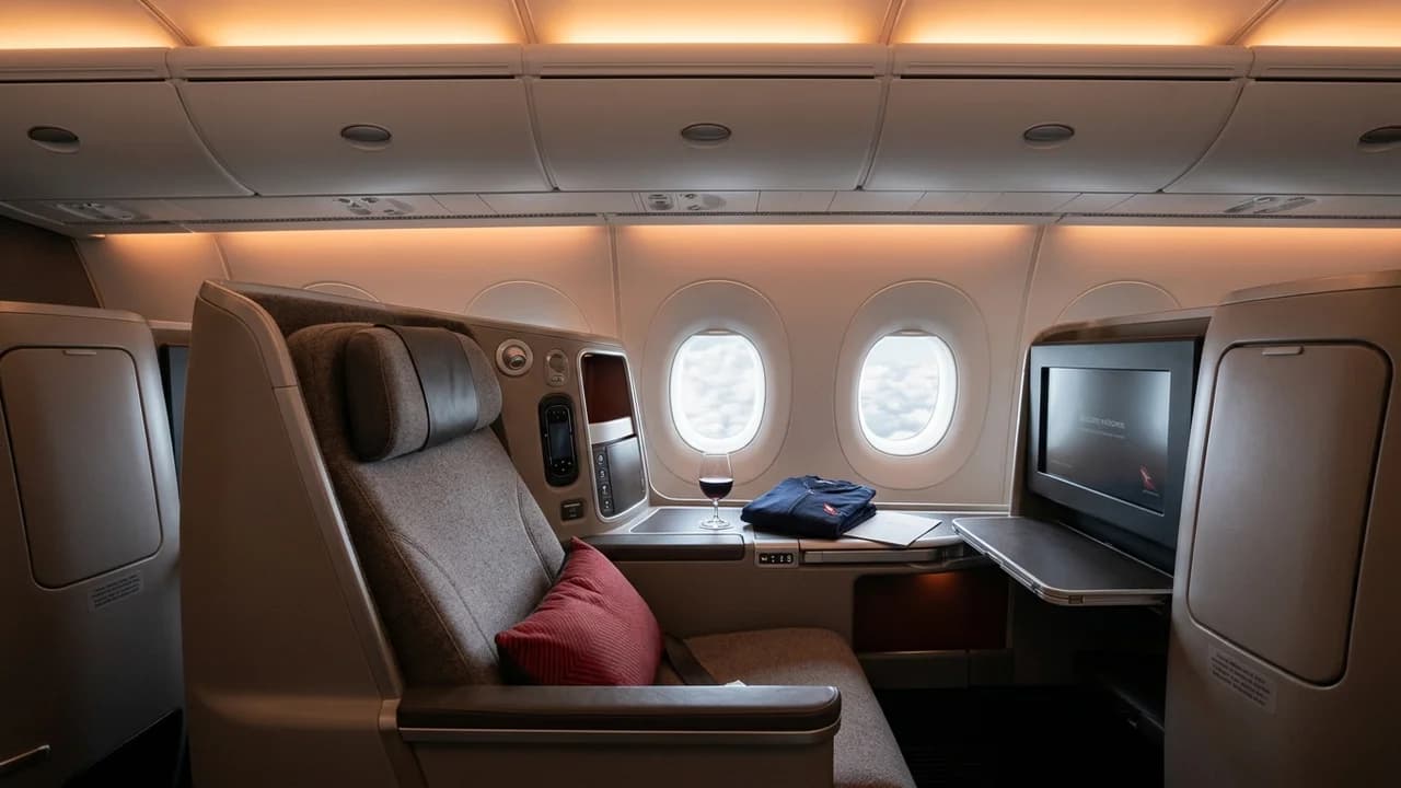 Qantas business class cabin with lie-flat suite and premium amenities