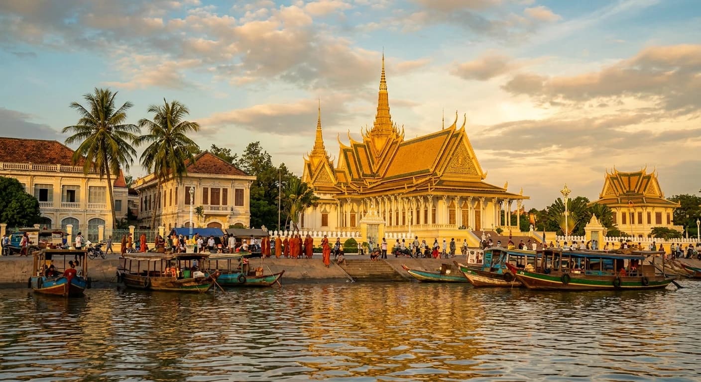 The gilded Royal Palace complex along the Phnom Penh riverside