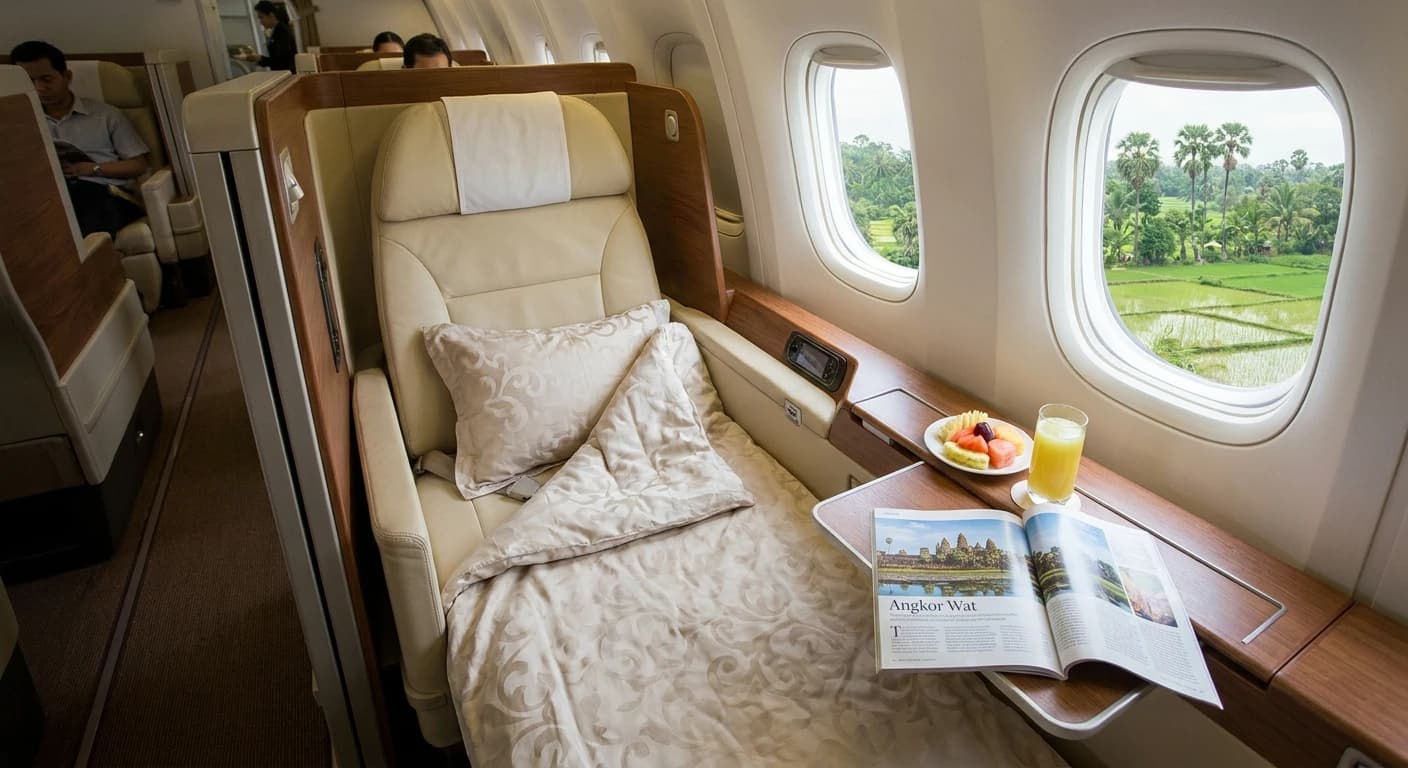 Premium business class suite with lie-flat bed on flight to Cambodia