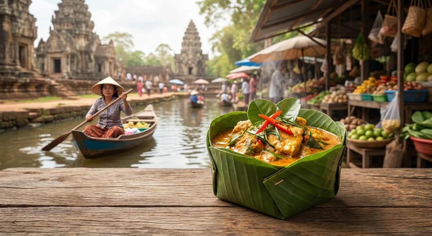 Traditional Cambodian fish amok served in banana leaf