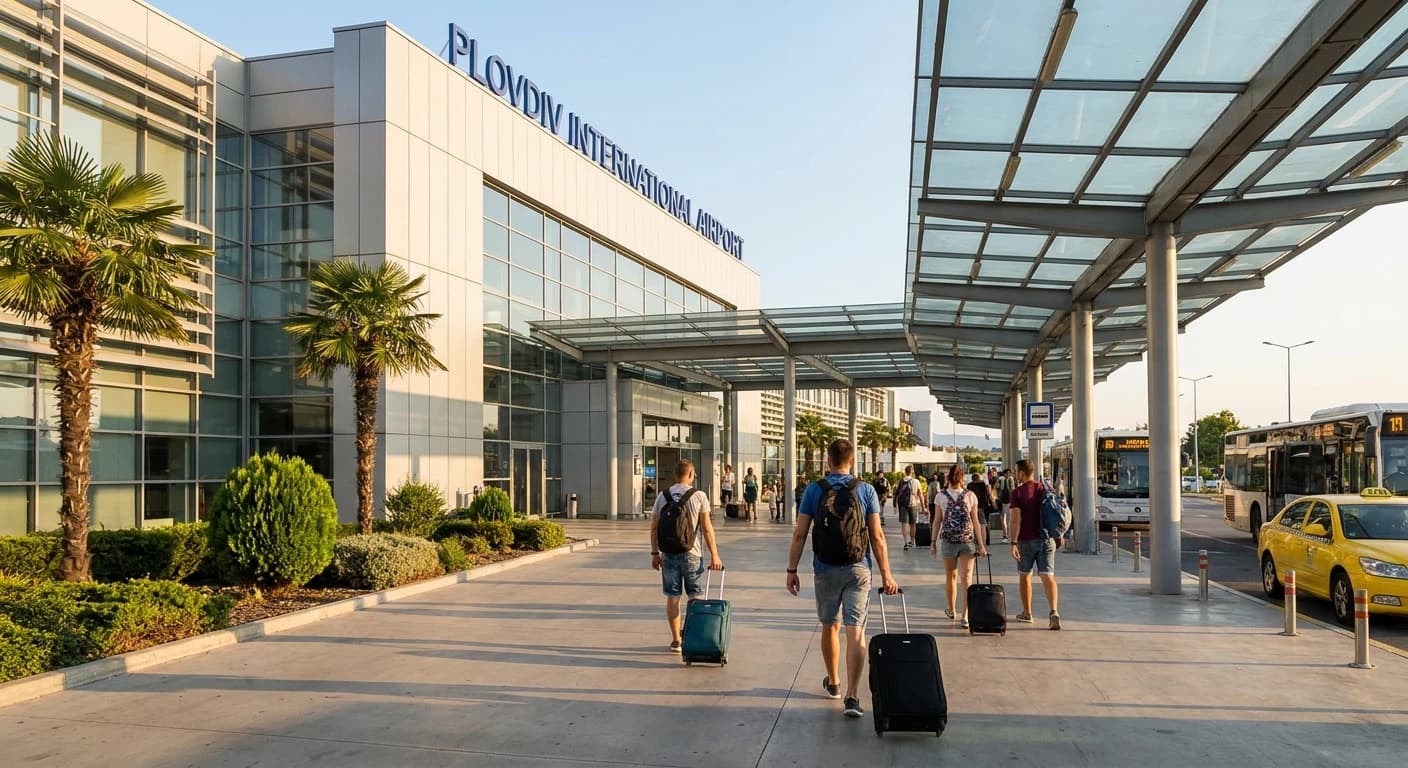 Plovdiv International Airport terminal exterior and arrivals area