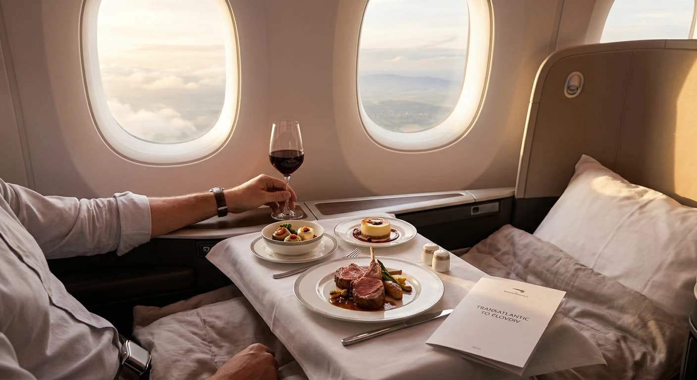 Business class lie-flat seat with premium dining service on a transatlantic flight to Plovdiv