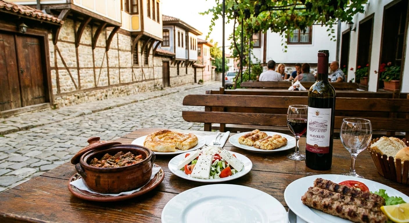 Traditional Bulgarian cuisine and wine in a Plovdiv Old Town restaurant
