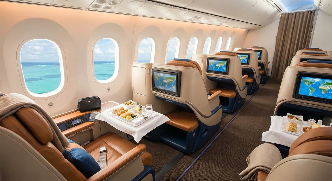 Air Mauritius business class cabin with premium amenities en route to Mauritius