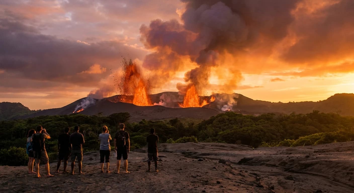Mount Yasur volcano erupting at sunset