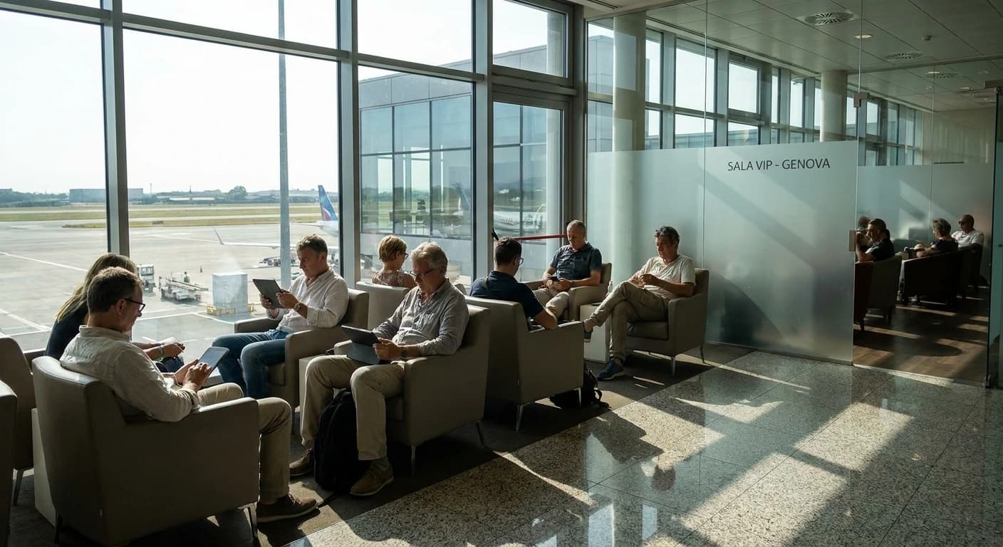 Arrival hall at Genoa Cristoforo Colombo Airport with coastal Ligurian light