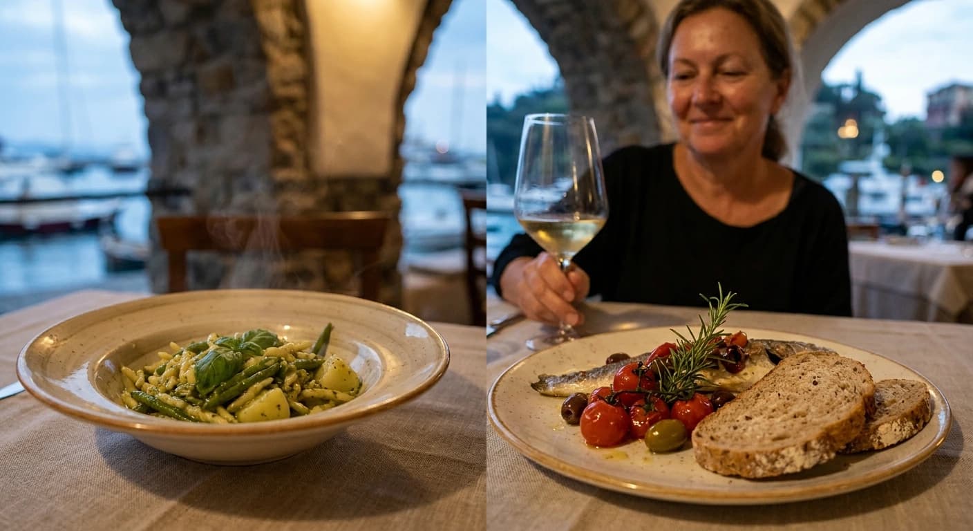 Elegant Ligurian seafood dining on a candlelit terrace overlooking Portofino harbor