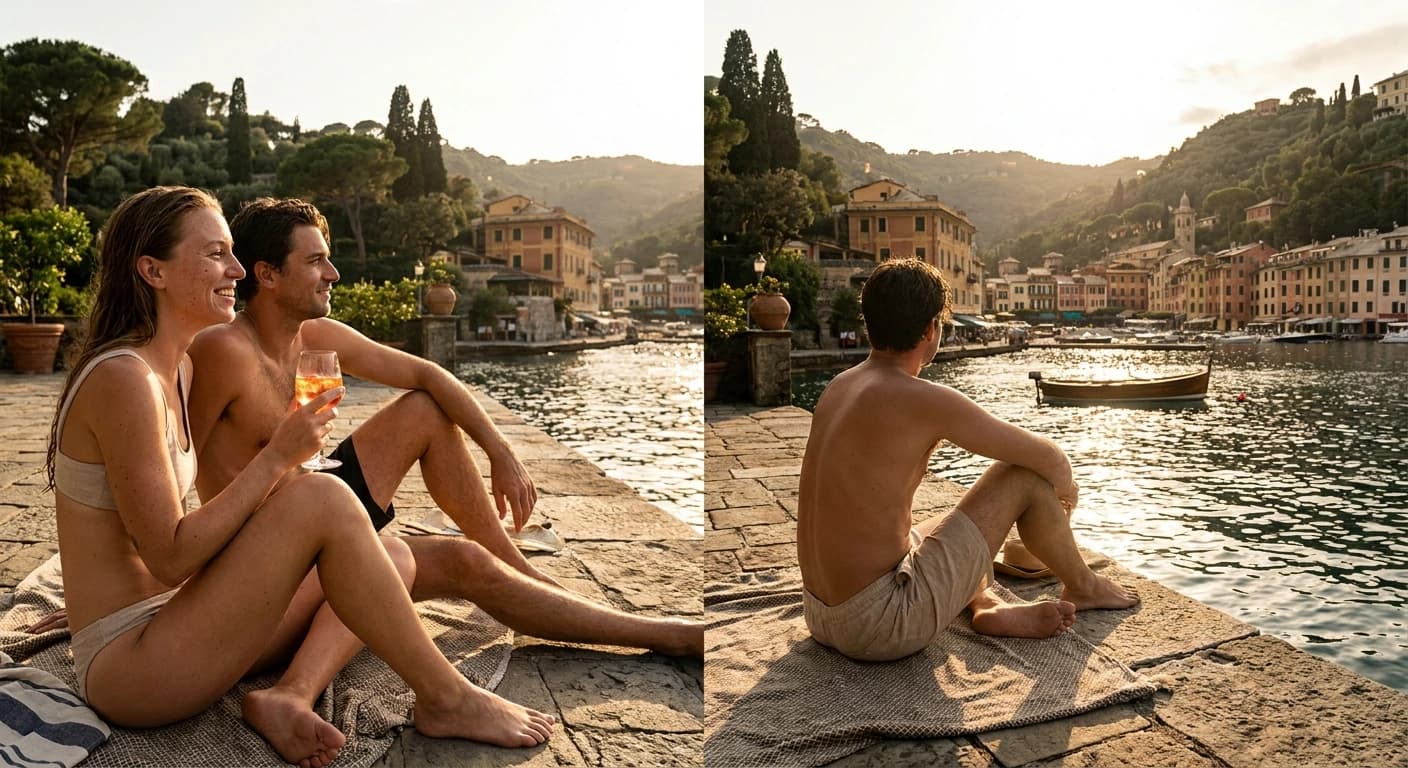 Infinity pool terrace at a luxury Portofino clifftop hotel overlooking the Ligurian Sea