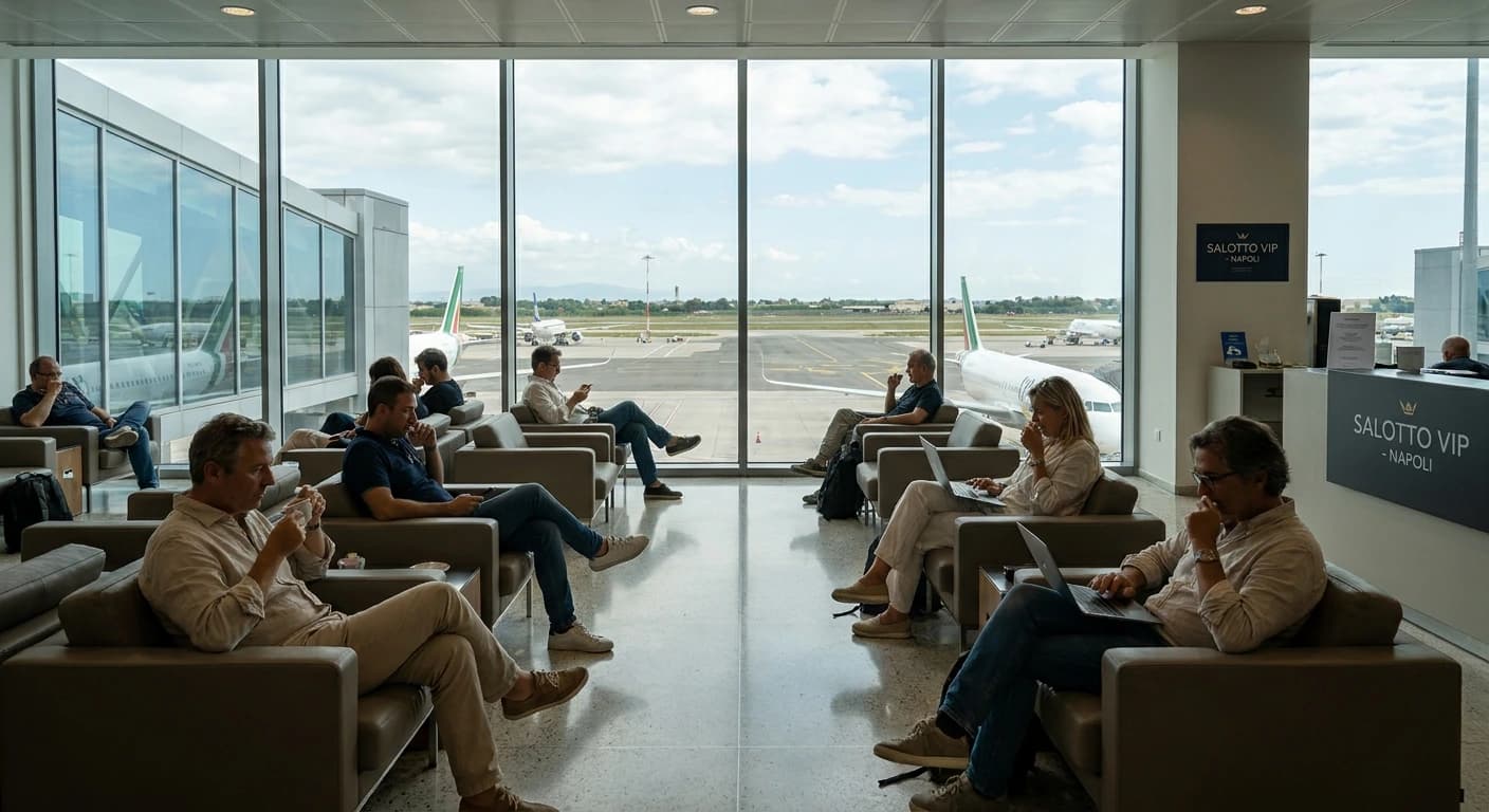 Naples International Airport terminal with Bay of Naples visible in the distance