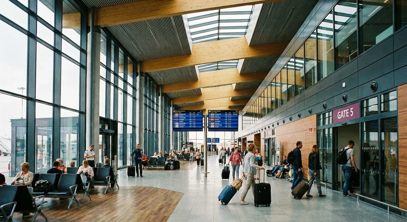 Modern terminal interior at Poznań Ławica Airport with natural light and departure gates