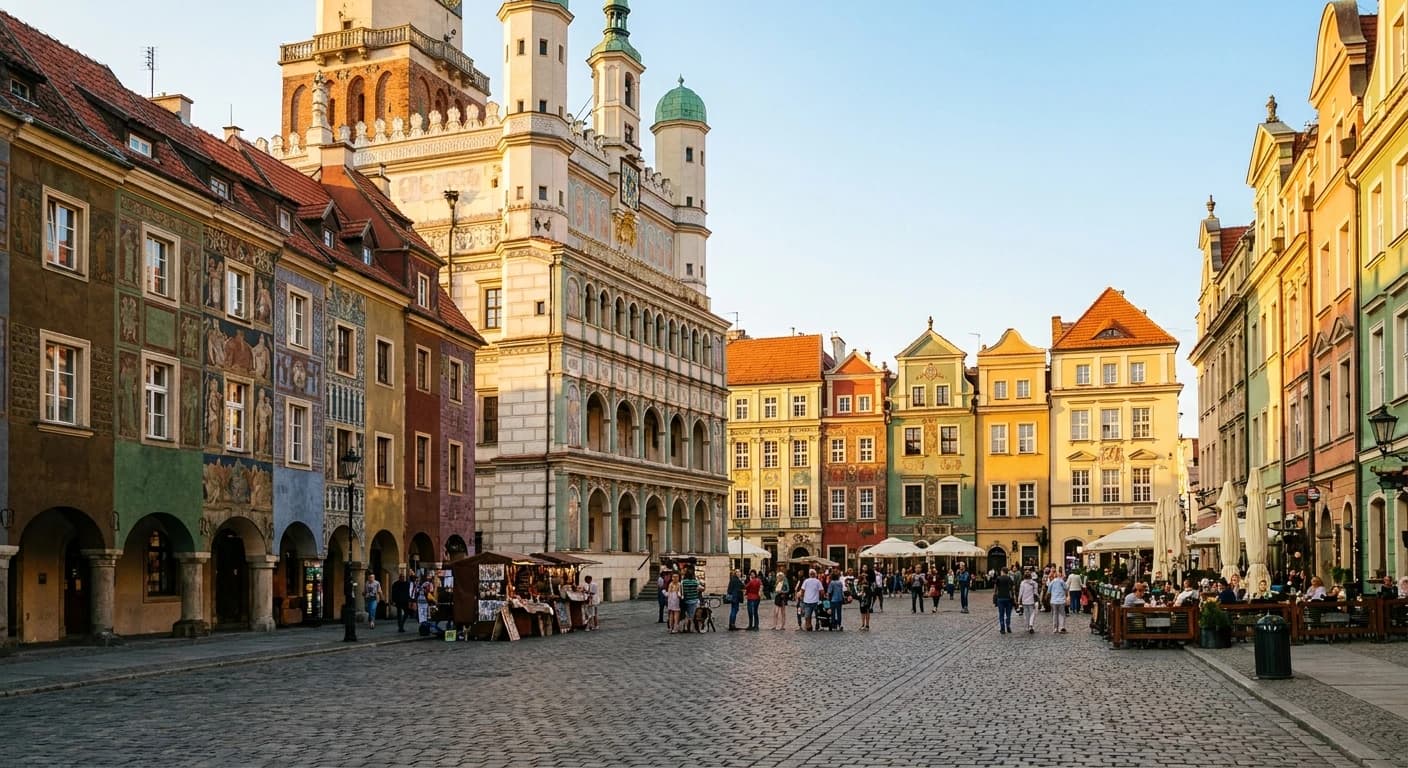 Colorful Renaissance townhouses surrounding the historic Old Market Square in Poznań at golden hour