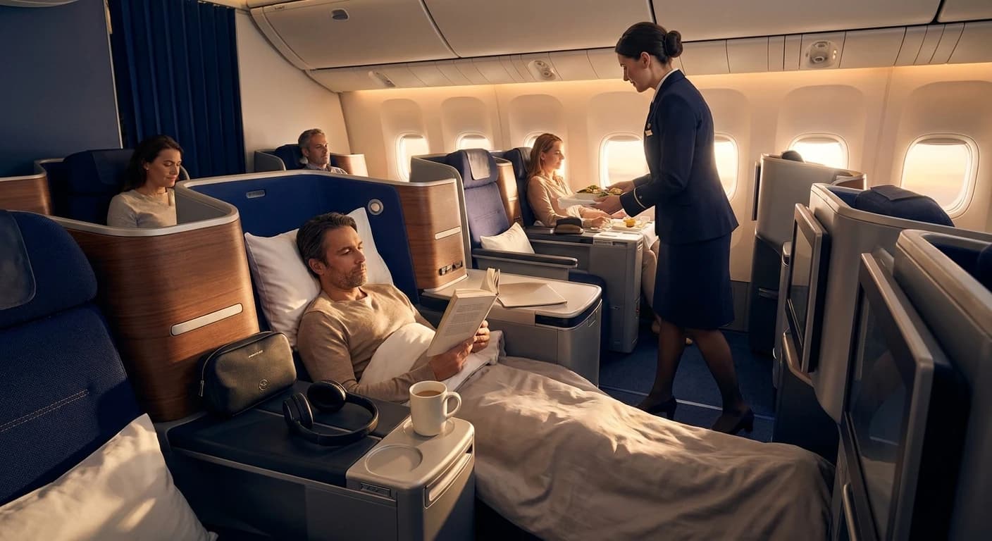 Lufthansa business class lie-flat cabin with premium amenities on transatlantic flight