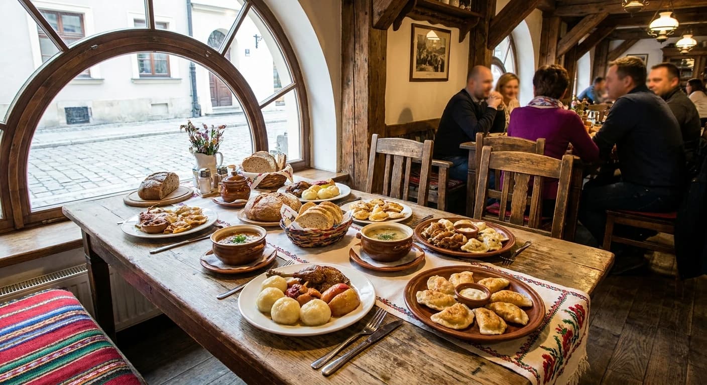 Traditional Polish cuisine and regional Poznań dishes served in a historic restaurant setting