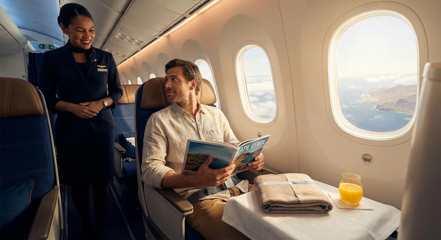 Business class cabin on a flight to Cape Verde's Praia