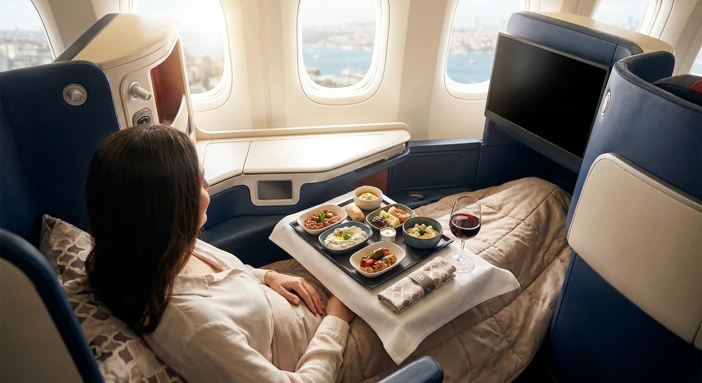 Turkish Airlines business class cabin with lie-flat seat and premium dining service