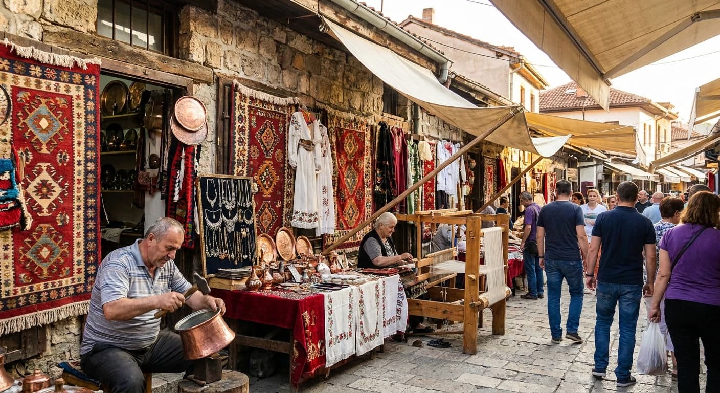 Traditional crafts and artisan goods at the Old Bazaar in Prishtina, Kosovo