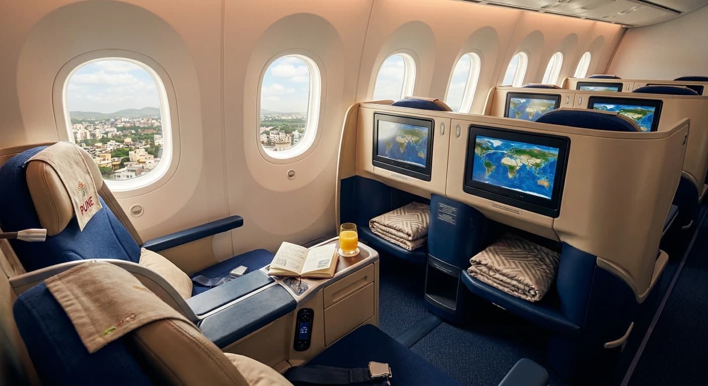 Premium business class cabin with lie-flat suite on a flight to Pune