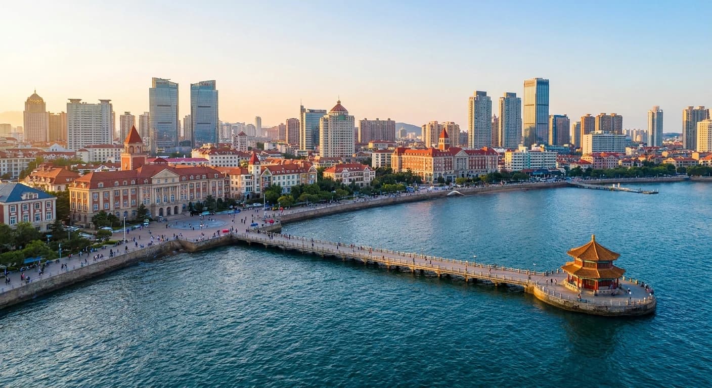 Qingdao coastline with Zhanqiao Pier and city skyline