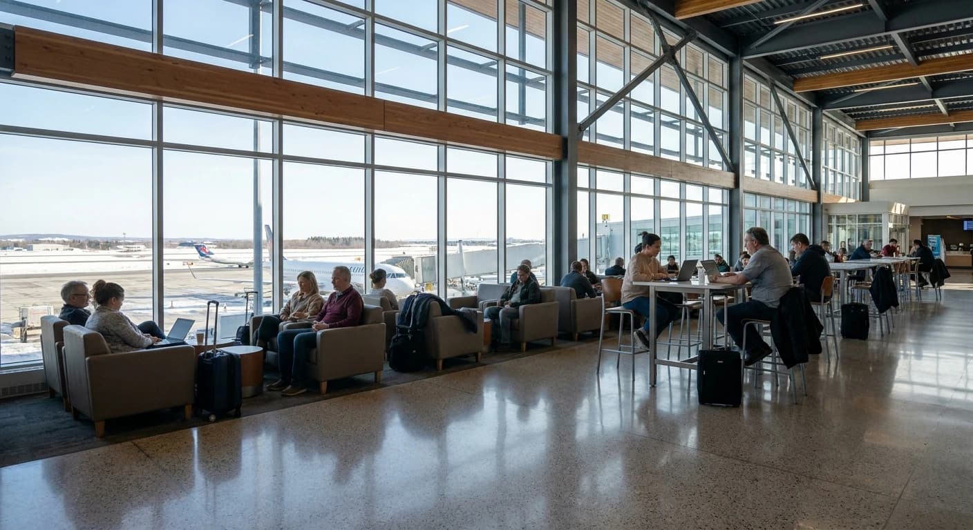 Modern terminal interior at Jean Lesage International Airport in Quebec City