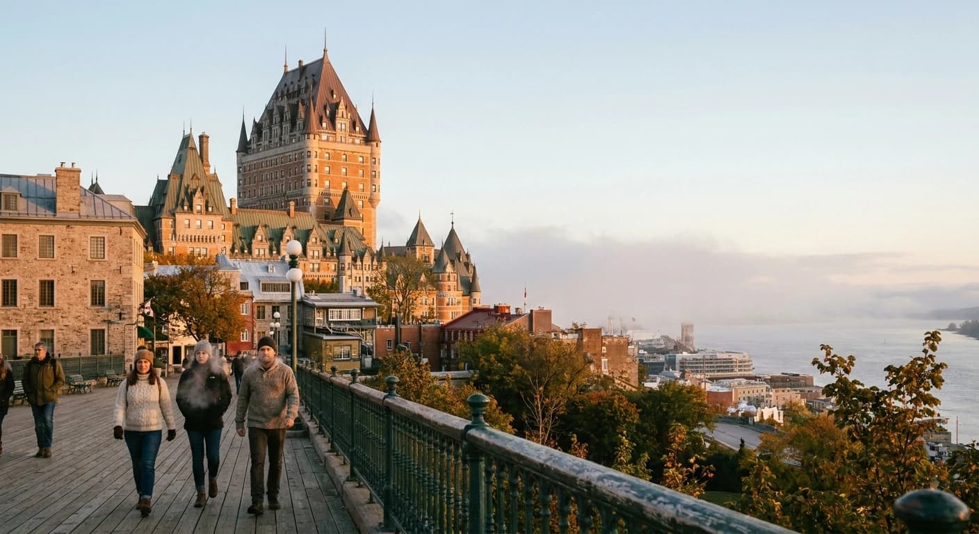 Iconic Château Frontenac castle hotel overlooking the St. Lawrence River in Quebec City at golden hour