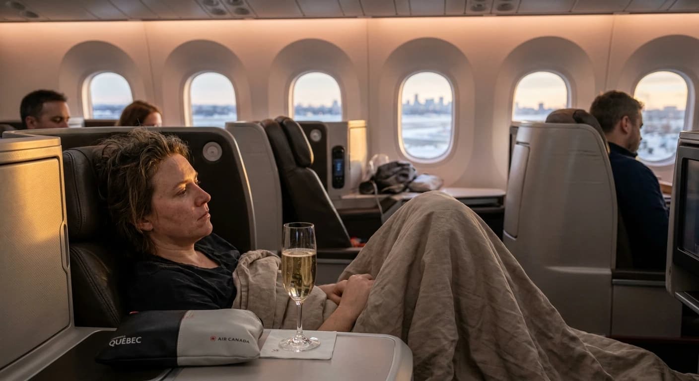 Air Canada business class cabin with premium lie-flat seating and elegant meal service