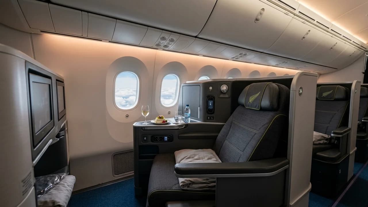 Air New Zealand business class cabin with lie-flat suite and premium amenities