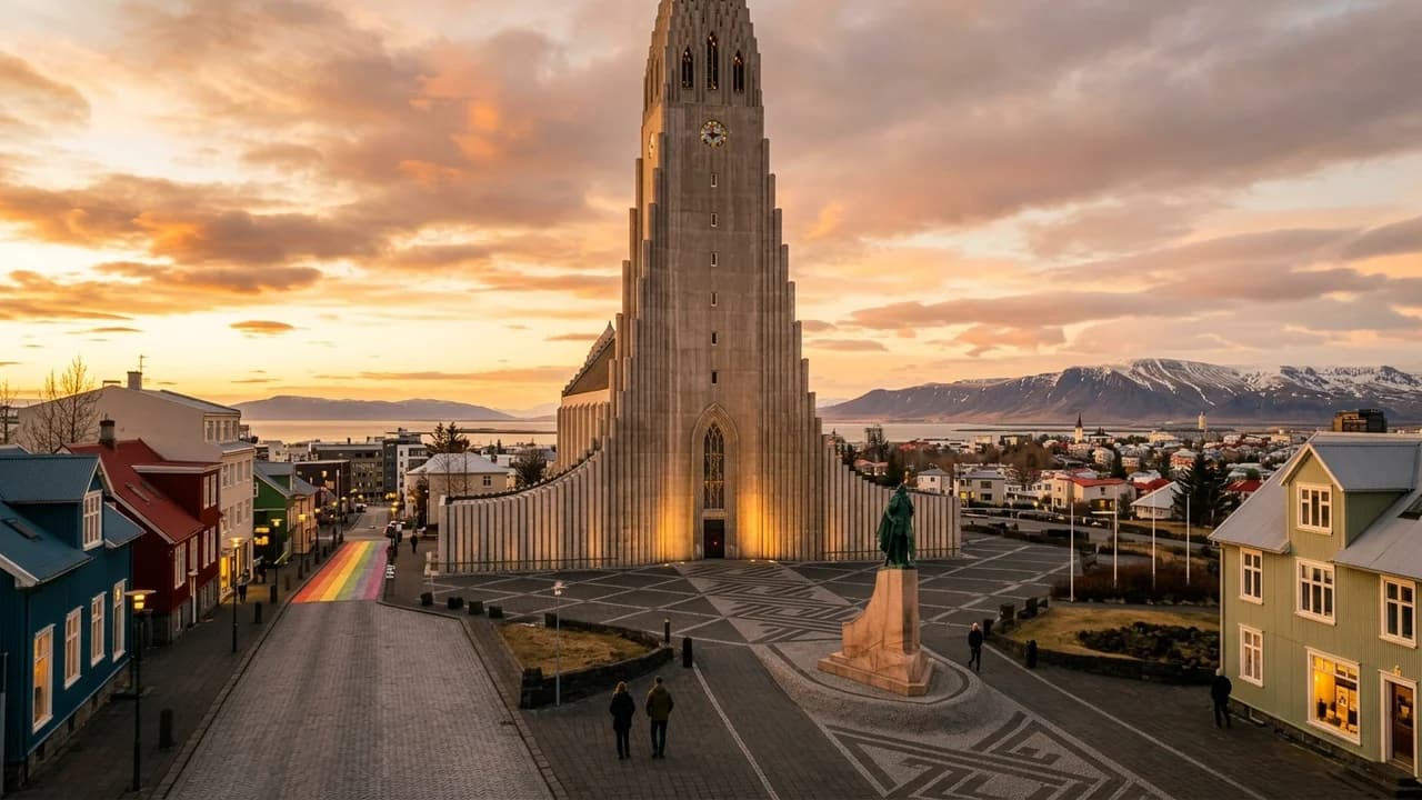 Iconic landmark in Reykjavik, Iceland at golden hour
