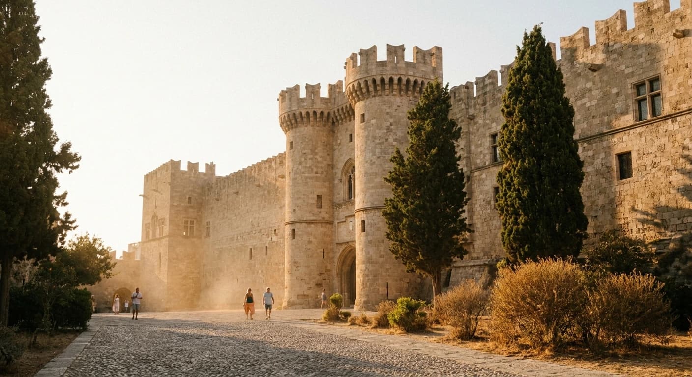 Palace of the Grand Master and medieval walls of Rhodes Old Town at golden hour