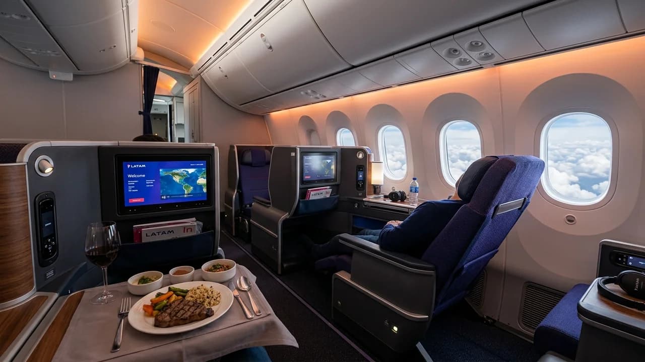 LATAM business class cabin with lie-flat suite and premium amenities
